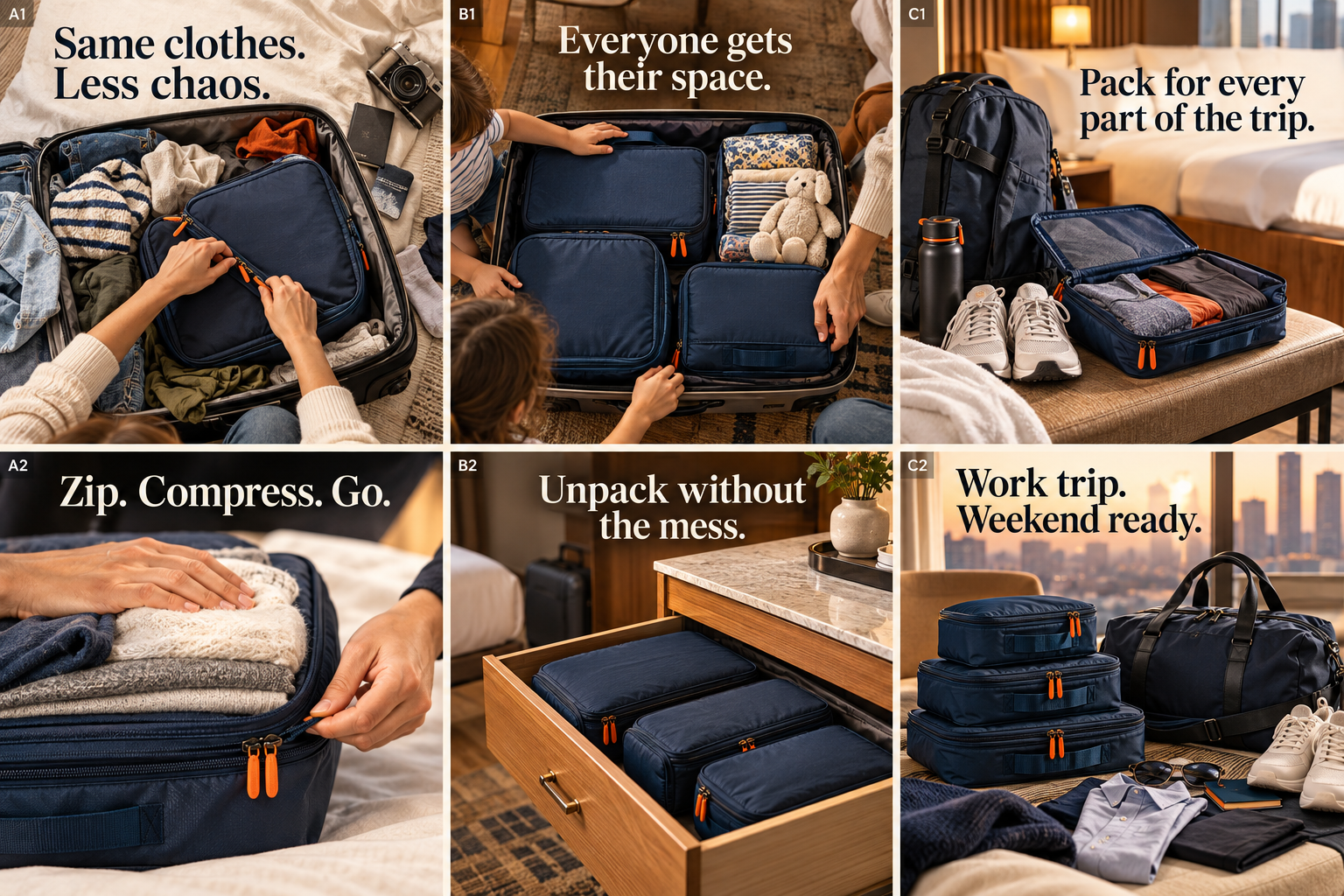 Six-panel AI-generated packing-cube creative exploration for compact packing, shared trips and active travel; not supplier photographs, customer images or measured performance proof.